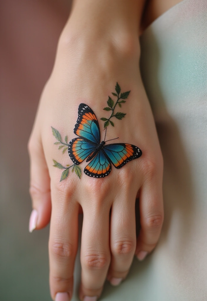 50 Beautiful Butterfly Hand Tattoos for Women: Creative Designs to Inspire Your Next Body Art 48 50 Beautiful Butterfly Hand Tattoos for Women: Creative Designs to Inspire Your Next Body Art - 48. Butterfly with a Vine