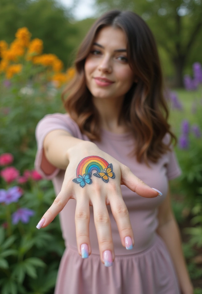 50 Beautiful Butterfly Hand Tattoos for Women: Creative Designs to Inspire Your Next Body Art 49 50 Beautiful Butterfly Hand Tattoos for Women: Creative Designs to Inspire Your Next Body Art - 49. Butterfly with a Rainbow