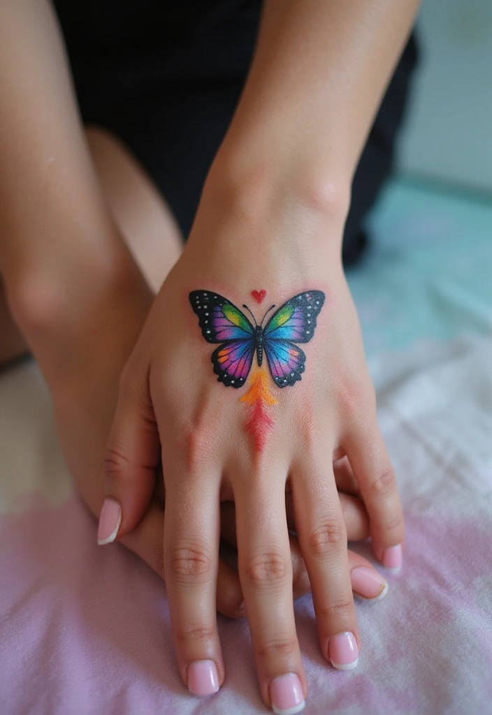 50 Beautiful Butterfly Hand Tattoos for Women: Creative Designs to Inspire Your Next Body Art 50 50 Beautiful Butterfly Hand Tattoos for Women: Creative Designs to Inspire Your Next Body Art - 50. Butterfly with a Rainbow Heart