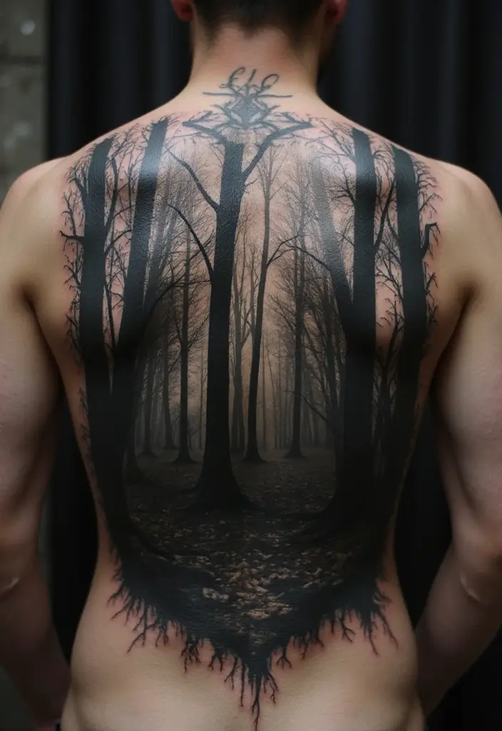 30 Unique 666 Tattoo Designs and Their Dark Meanings 10 30 Unique 666 Tattoo Designs and Their Dark Meanings - 10. Dark Forest Scene with 666