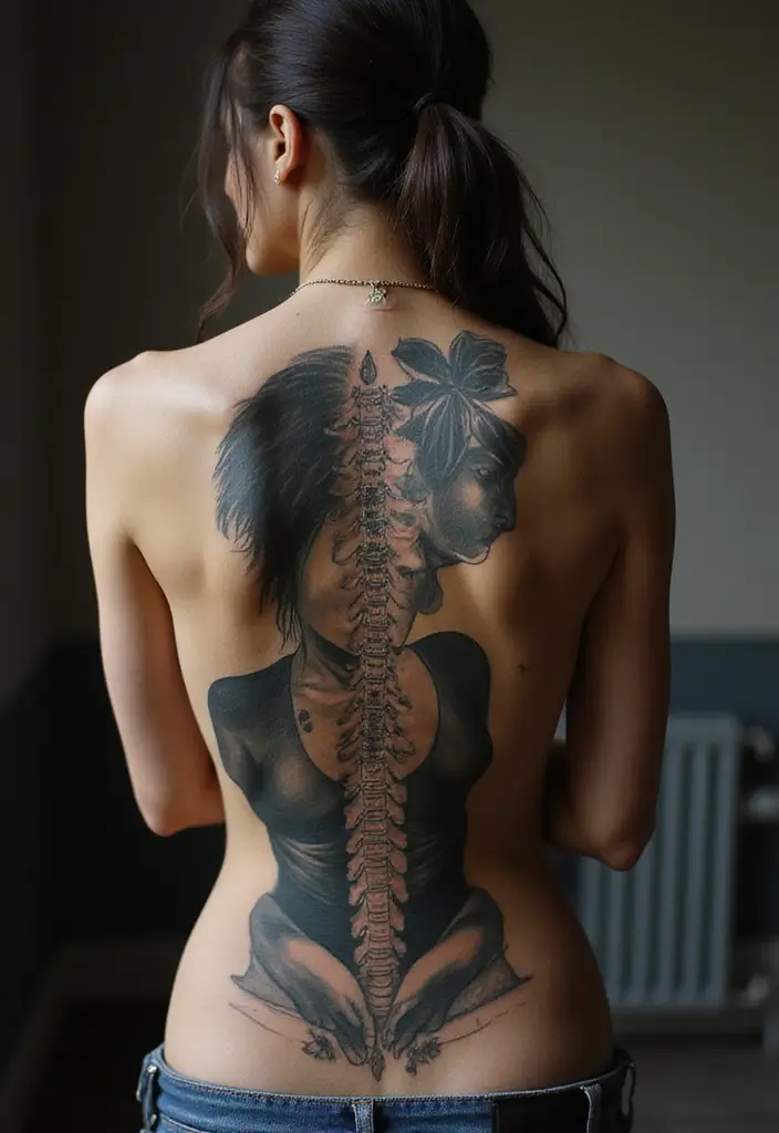 50 Baddie Women’s Spine Tattoos That Look Absolutely Stunning - 10. Artistic Portraits