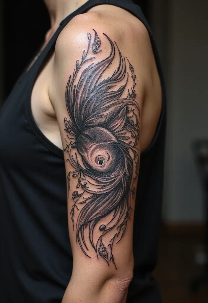 50 Betta Fish Tattoo Ideas with Unique and Colorful Designs 10 50 Betta Fish Tattoo Ideas with Unique and Colorful Designs - 10. Betta Fish with Tribal Influence