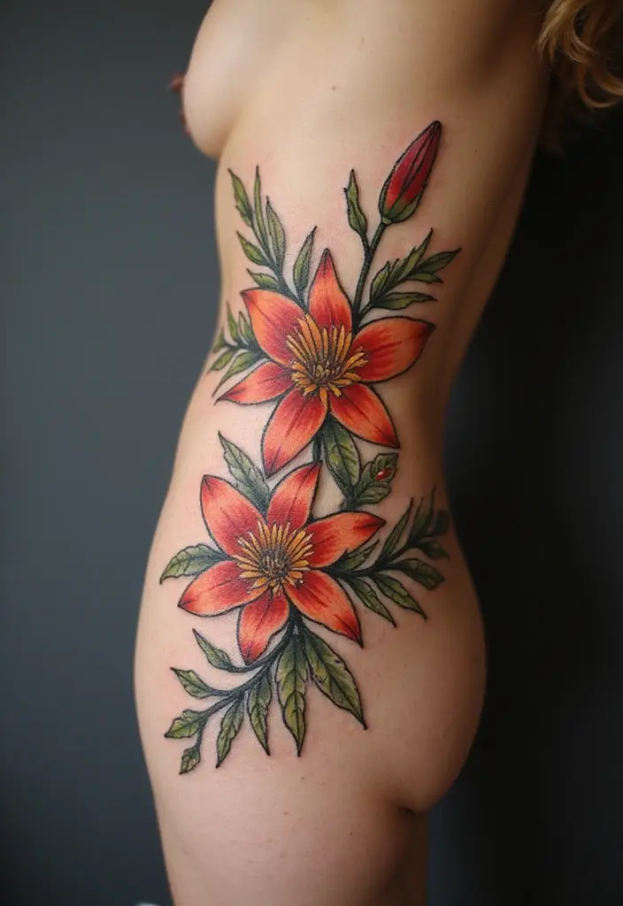 50 Stargazer Lily Tattoos with Elegant and Symbolic Designs 10 50 Stargazer Lily Tattoos with Elegant and Symbolic Designs - 10. Side Body Elegance