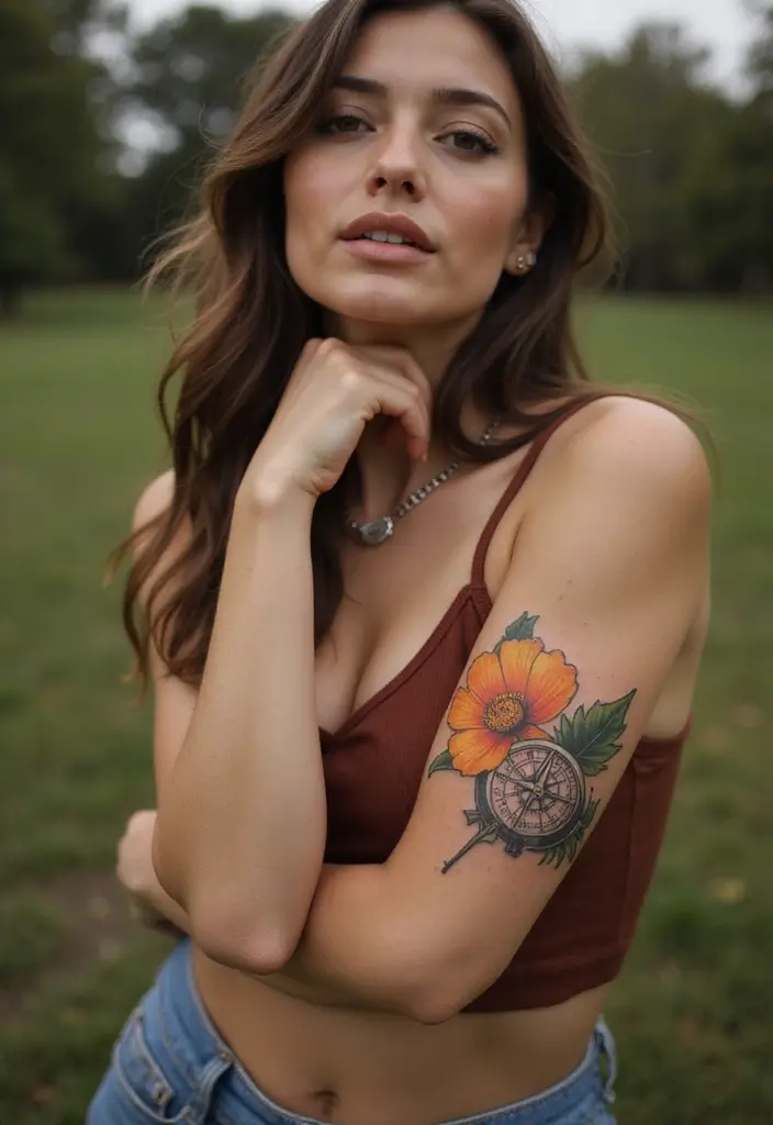 50 California Poppy Tattoo Ideas with Symbolism and Beauty - 10. Poppy and Compass Tattoo