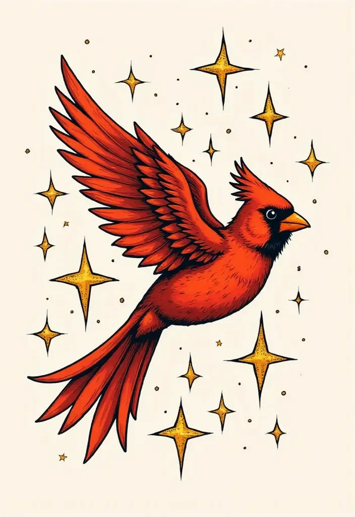50 Cardinal Tattoo Ideas with Symbolism and Beautiful Designs - 10. Cardinal and Stars