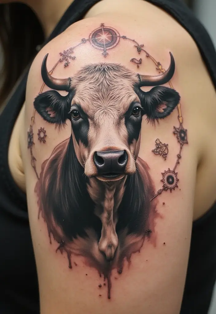 50 Cow Tattoo Designs with Fun and Unique Symbolism - 10. Cow with Astrology Symbols