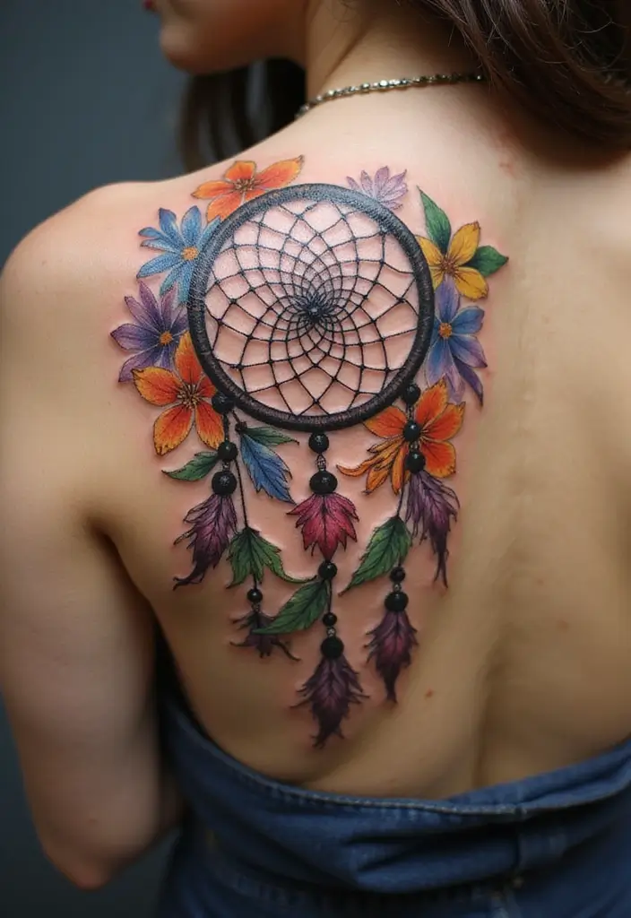 50 Dreamcatcher Tattoo Ideas with Cultural Symbolism 10 50 Dreamcatcher Tattoo Ideas with Cultural Symbolism - 10. Dreamcatcher with Flowers
