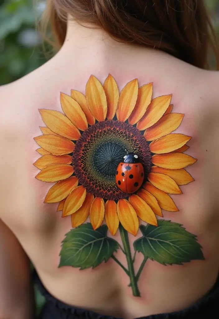 30 Ladybug Tattoo Ideas with Cute and Symbolic Designs 10 30 Ladybug Tattoo Ideas with Cute and Symbolic Designs - 10. Ladybug and Sunflower