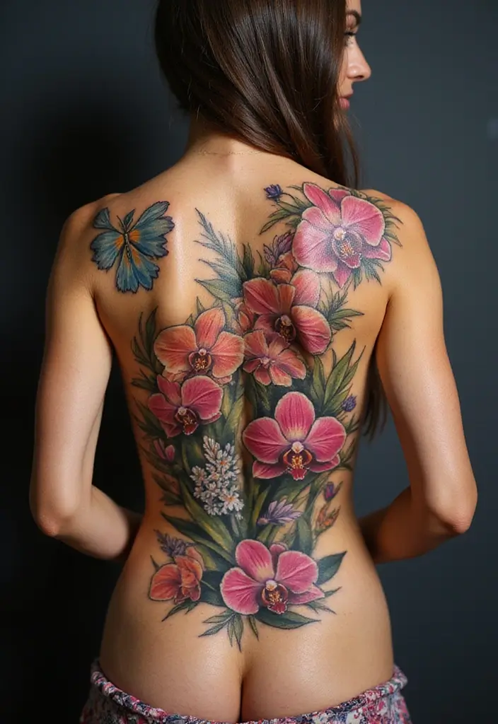 30 Orchid Tattoos That Represent Elegance and Beauty - 10. Large Back Orchid Tattoo