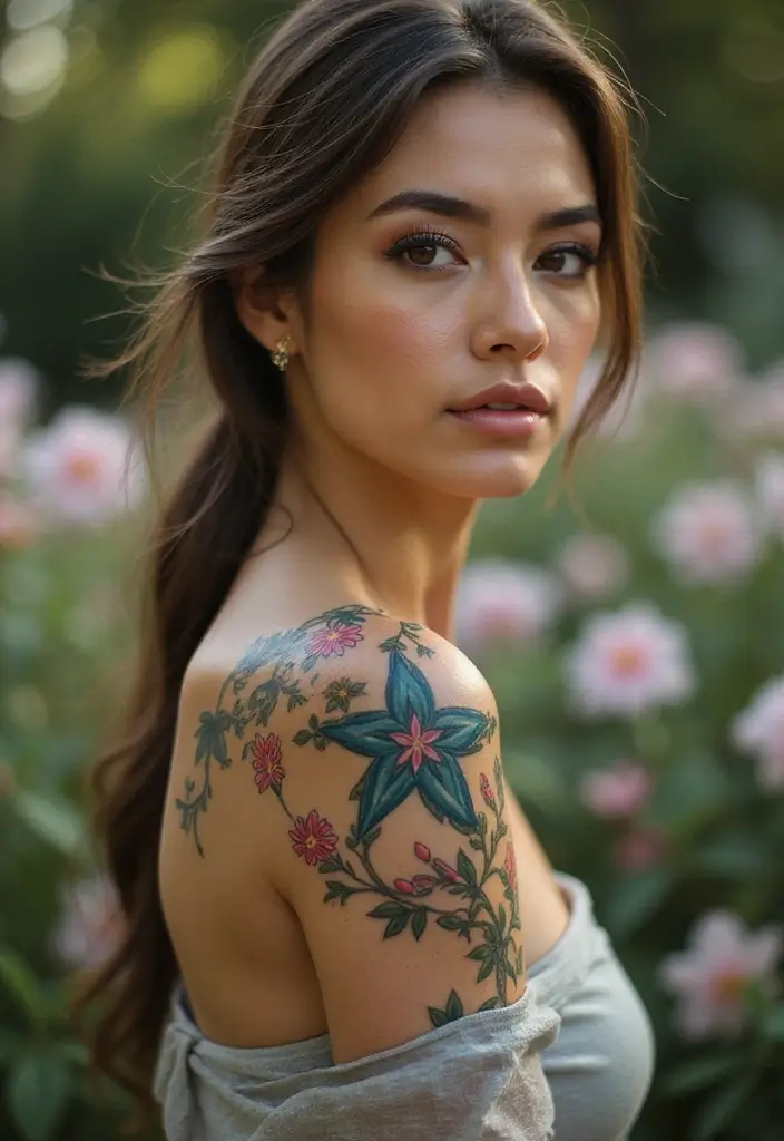 30 Shoulder Star Tattoos with Creative and Stylish Designs 10 30 Shoulder Star Tattoos with Creative and Stylish Designs - 10. Stars with Floral Elements