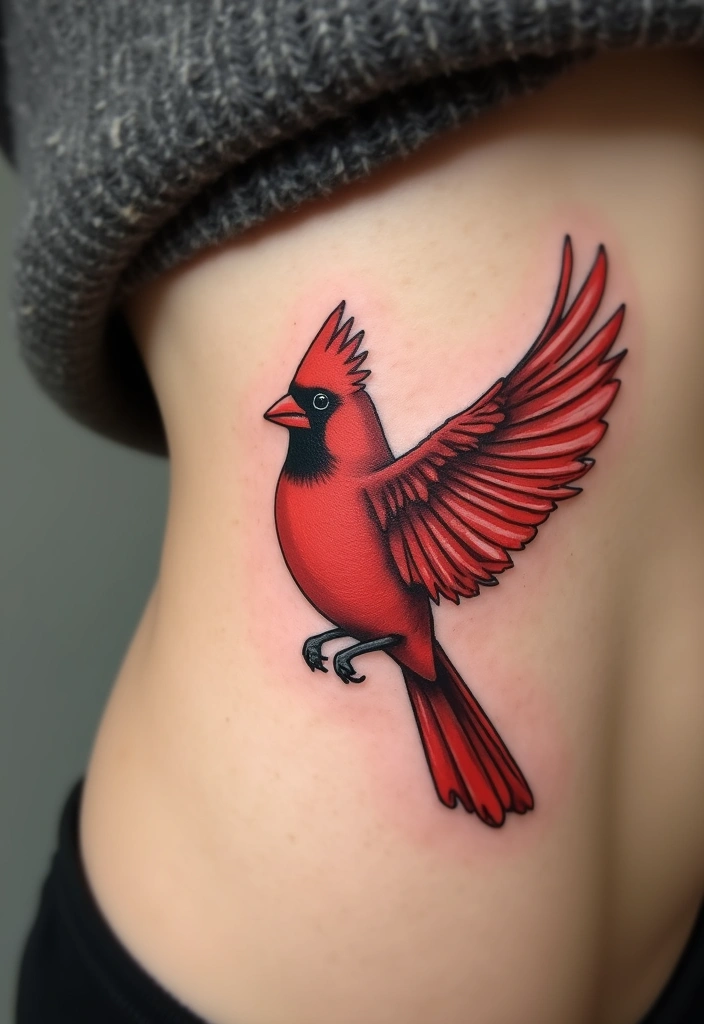 30 Small Cardinal Tattoos for Unique Inspiration 10 30 Small Cardinal Tattoos for Unique Inspiration - 10. Cardinal in Flight