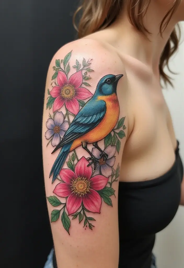 50 Sparrow Tattoos with Symbolism and Artistic Styles - 10. Floral Sparrow Tattoo