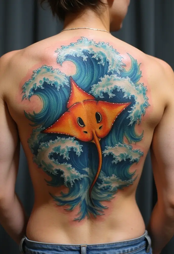 50 Stingray Tattoo Designs and Their Symbolic Meanings - 10. Stingray and Ocean Waves