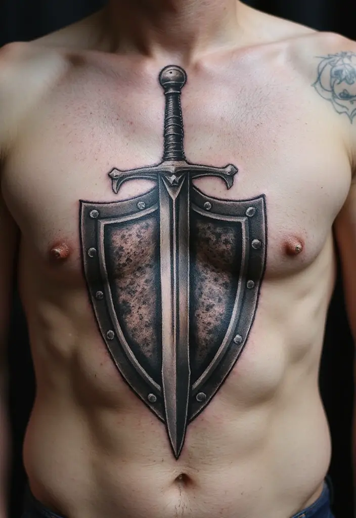 50 Sword Tattoo Designs and Symbolism to Inspire Your Next Ink 10 50 Sword Tattoo Designs and Symbolism to Inspire Your Next Ink - 10. Sword and Shield