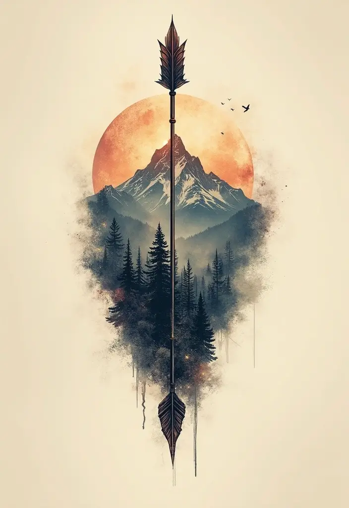 30 Symbolism of Arrow Tattoo Ideas You Should Know 10 30 Symbolism of Arrow Tattoo Ideas You Should Know - 10. Arrow with Mountains
