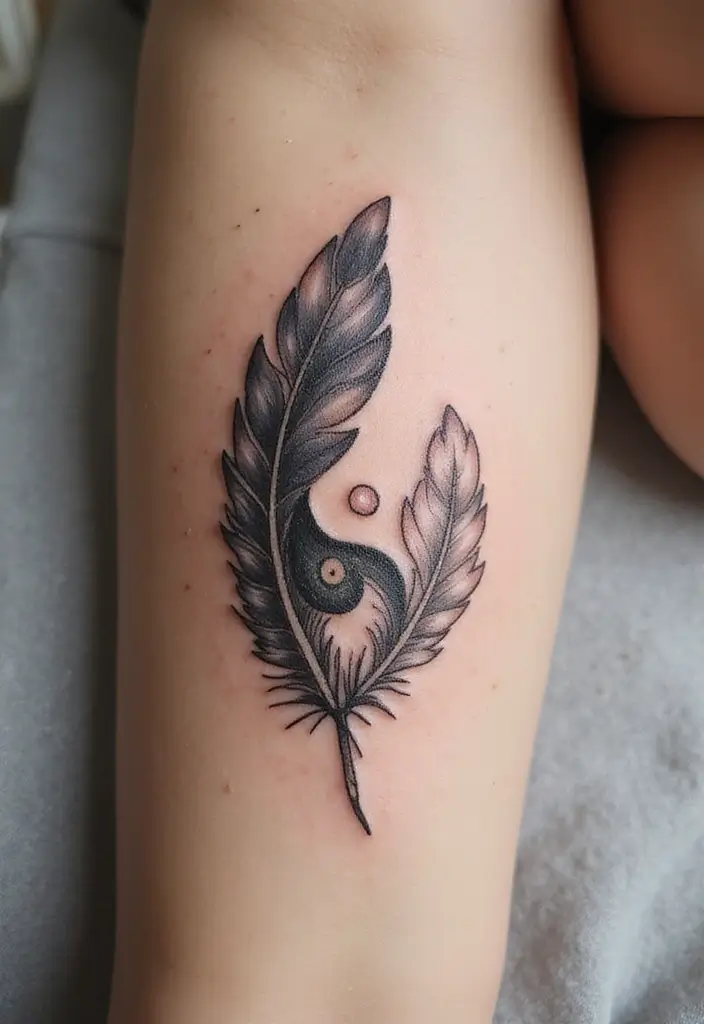 50 Yin Yang Tattoo Ideas with Balance and Harmony Symbolism - 10. Yin Yang with Feather