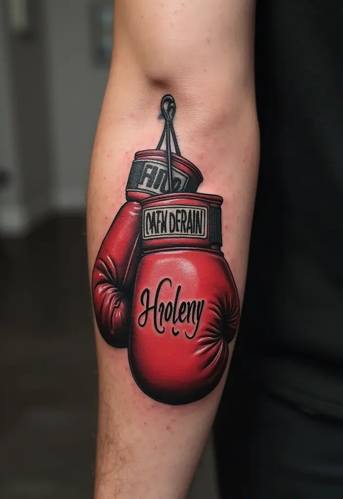 50 Boxing Gloves Tattoo Designs That Embody Strength and Courage! 11 50 Boxing Gloves Tattoo Designs That Embody Strength and Courage! - 11. Personalized Name Design