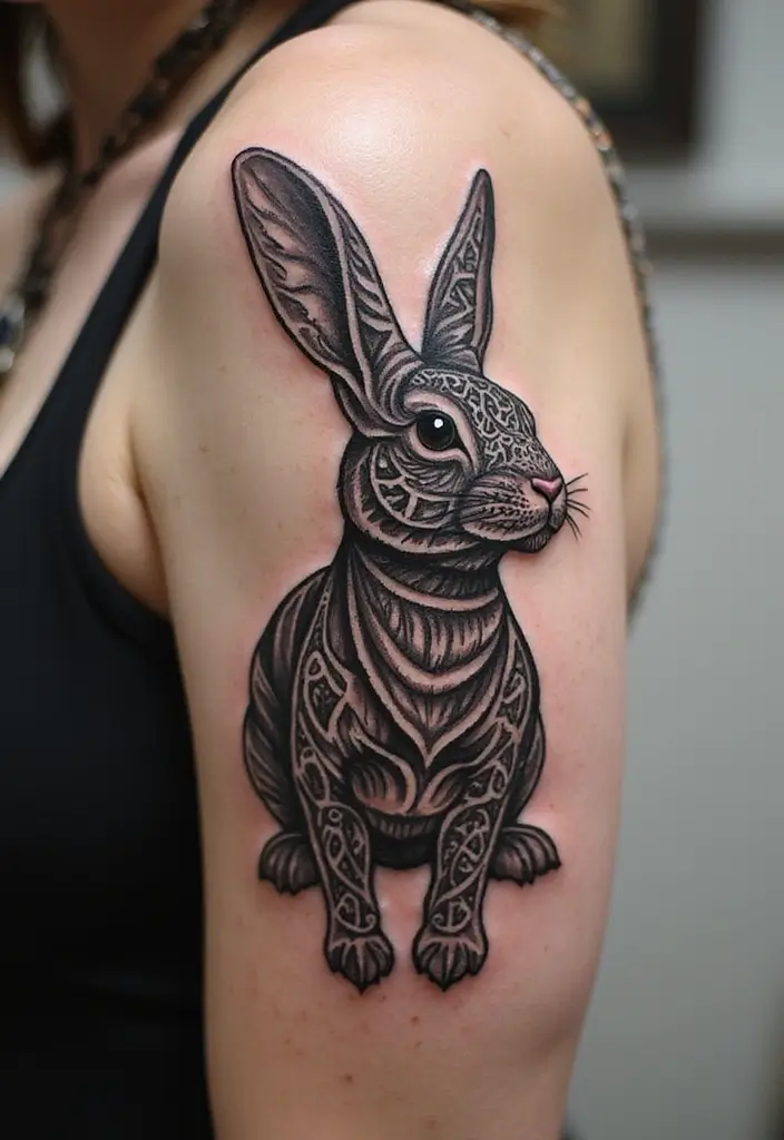 50 Bunny Tattoo Meaning Inspirations for Cute and Creative Designs - 11. Tribal Bunny Tattoos