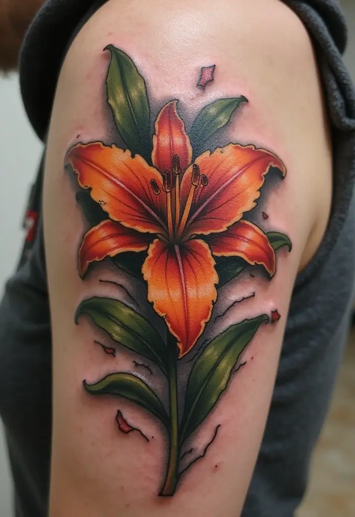 50 Stargazer Lily Tattoos with Elegant and Symbolic Designs 11 50 Stargazer Lily Tattoos with Elegant and Symbolic Designs - 11. Ripped Skin Effect