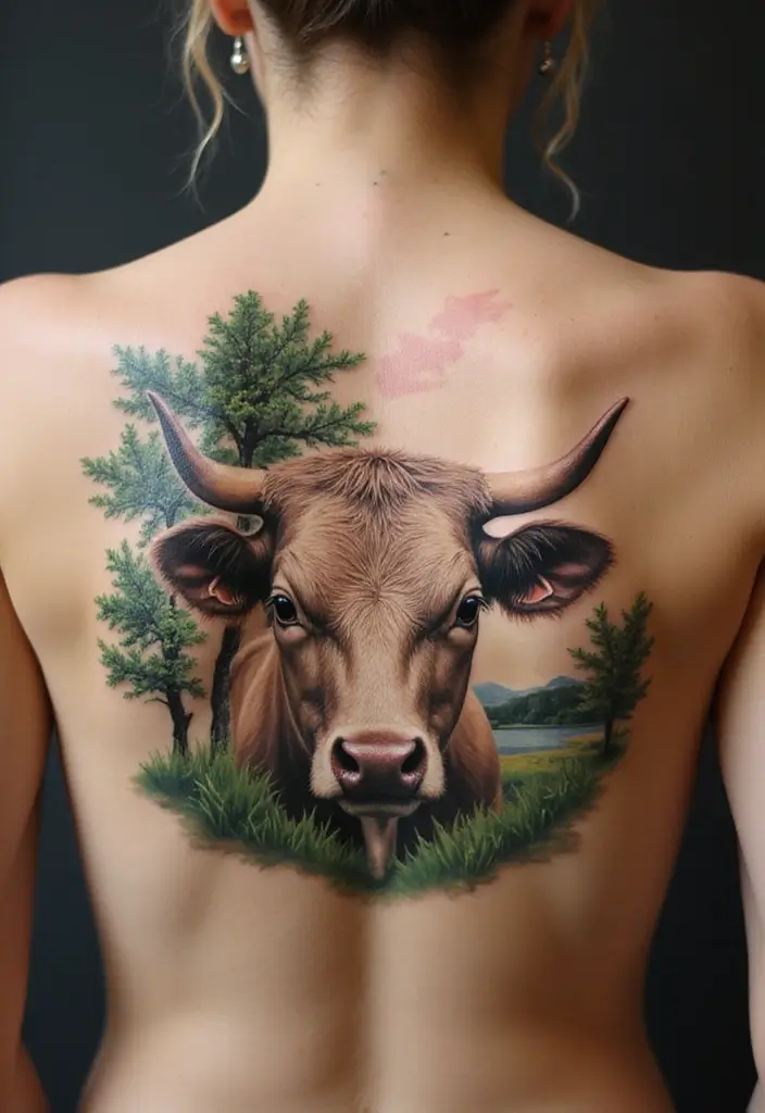 50 Cow Tattoo Designs with Fun and Unique Symbolism - 11. Cow in Nature Scene