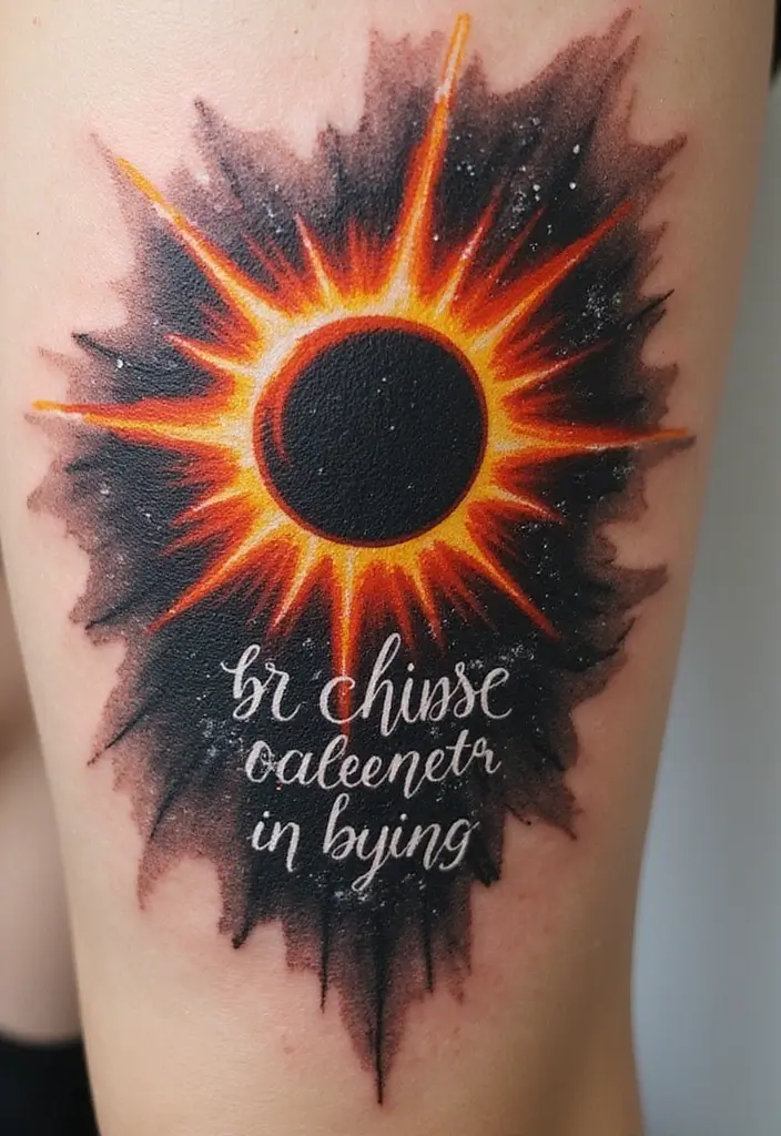 50 Eclipse Tattoo Designs with Powerful Meaning and Symbolism - 11. Eclipse with Quote Tattoos