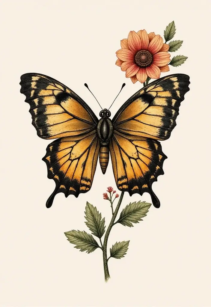 50 Half Butterfly Half Flower Tattoo Designs and Inspirations - 11. Vintage Floral Butterfly