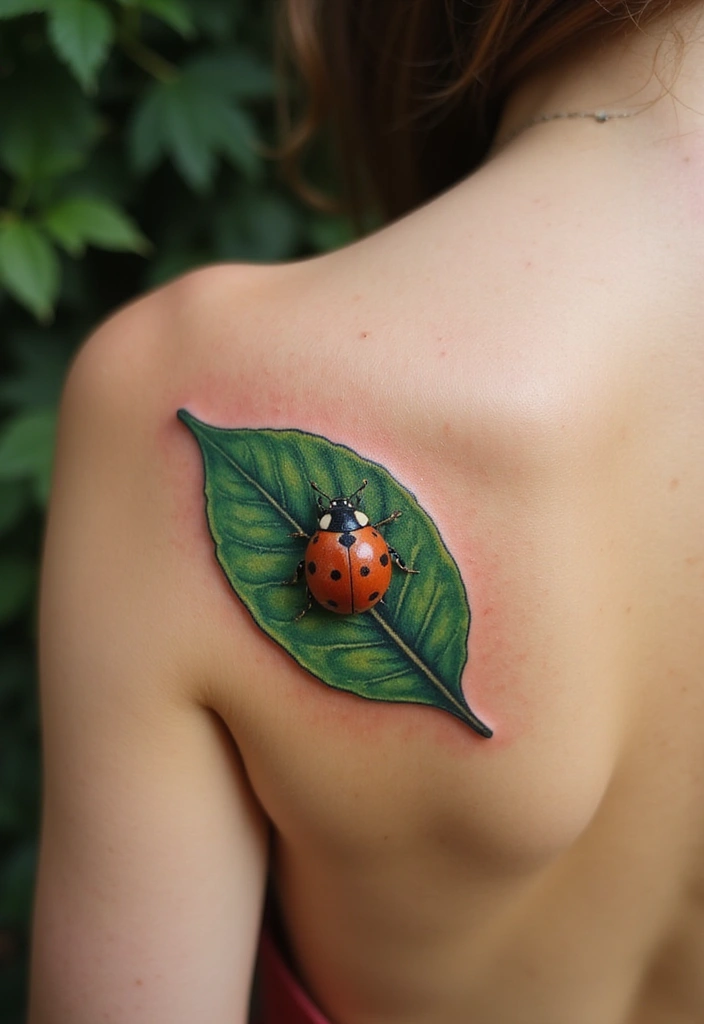30 Ladybug Tattoo Ideas with Cute and Symbolic Designs 11 30 Ladybug Tattoo Ideas with Cute and Symbolic Designs - 11. Ladybug on a Leaf