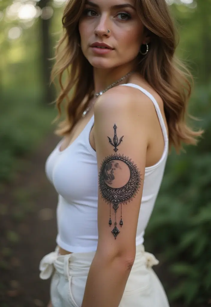 30 Moon Phase Tattoo Ideas with Symbolism and Elegant Designs 11 30 Moon Phase Tattoo Ideas with Symbolism and Elegant Designs - 11. Half Moon with Mandala Patterns