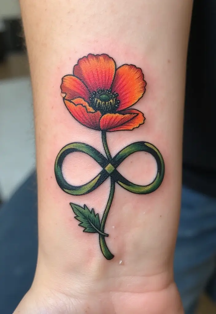30 Poppy Tattoo Ideas with Symbolic Meanings 11 30 Poppy Tattoo Ideas with Symbolic Meanings - 11. Poppy and Infinity Symbol