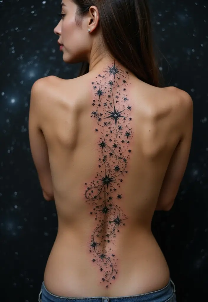 99 Stunning Spine Tattoos for Women to Inspire Your Next Ink - 11. Starry Night