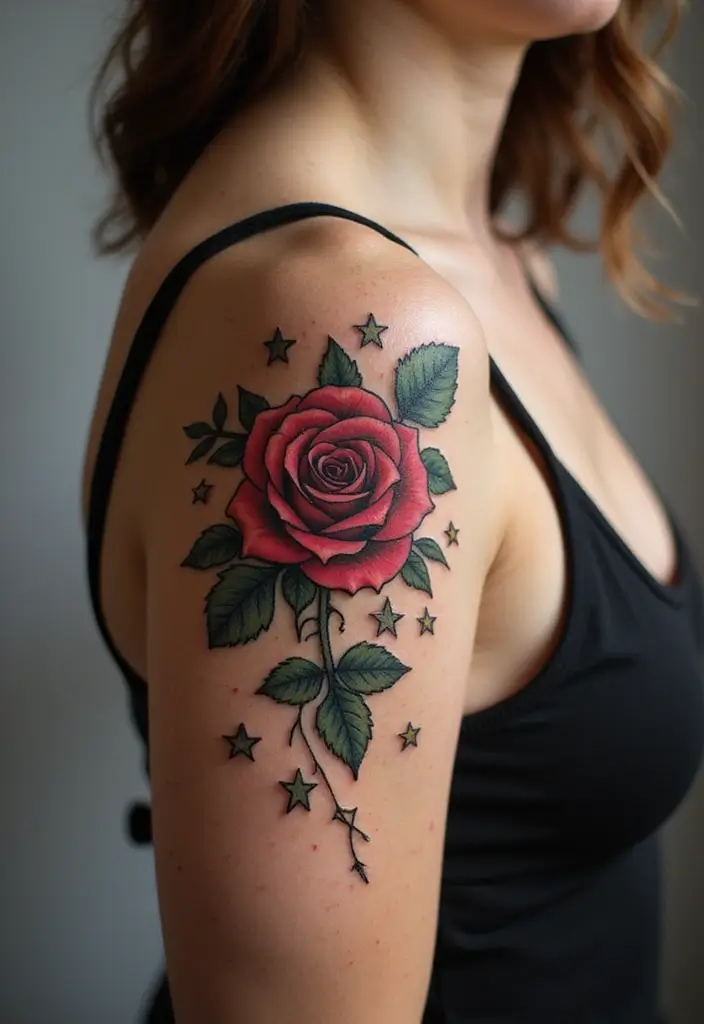 30 Star Tattoos That Are Timeless and Beautiful 11 30 Star Tattoos That Are Timeless and Beautiful - 11. Star and Rose Tattoos