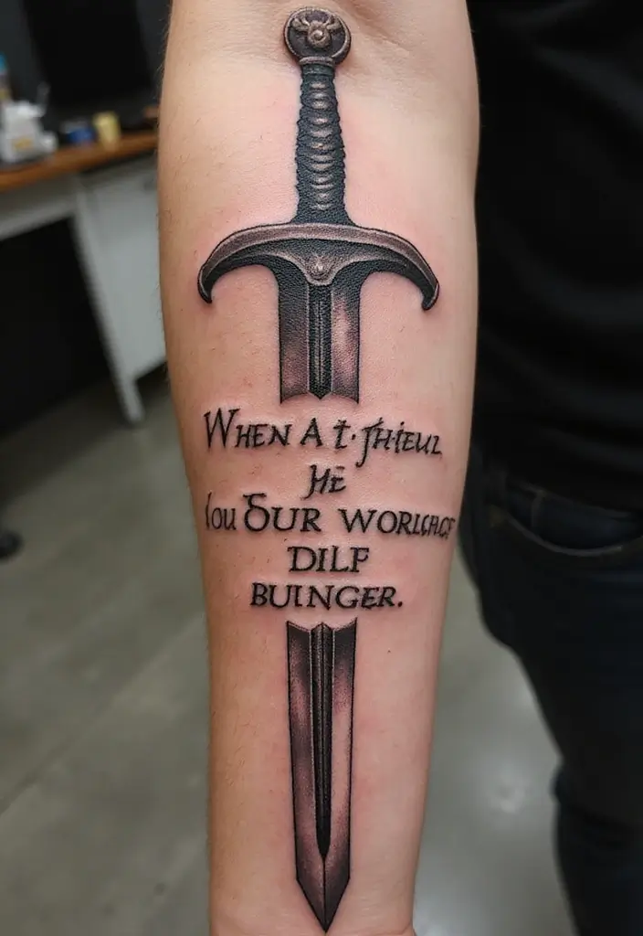 50 Sword Tattoo Designs and Symbolism to Inspire Your Next Ink 11 50 Sword Tattoo Designs and Symbolism to Inspire Your Next Ink - 11. Sword with a Quote