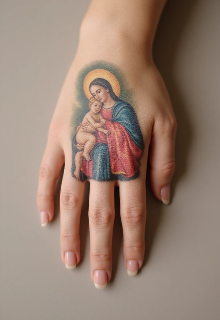 50 Virgin Mary Hand Tattoos with Spiritual and Artistic Designs - 11. Virgin Mary with Child