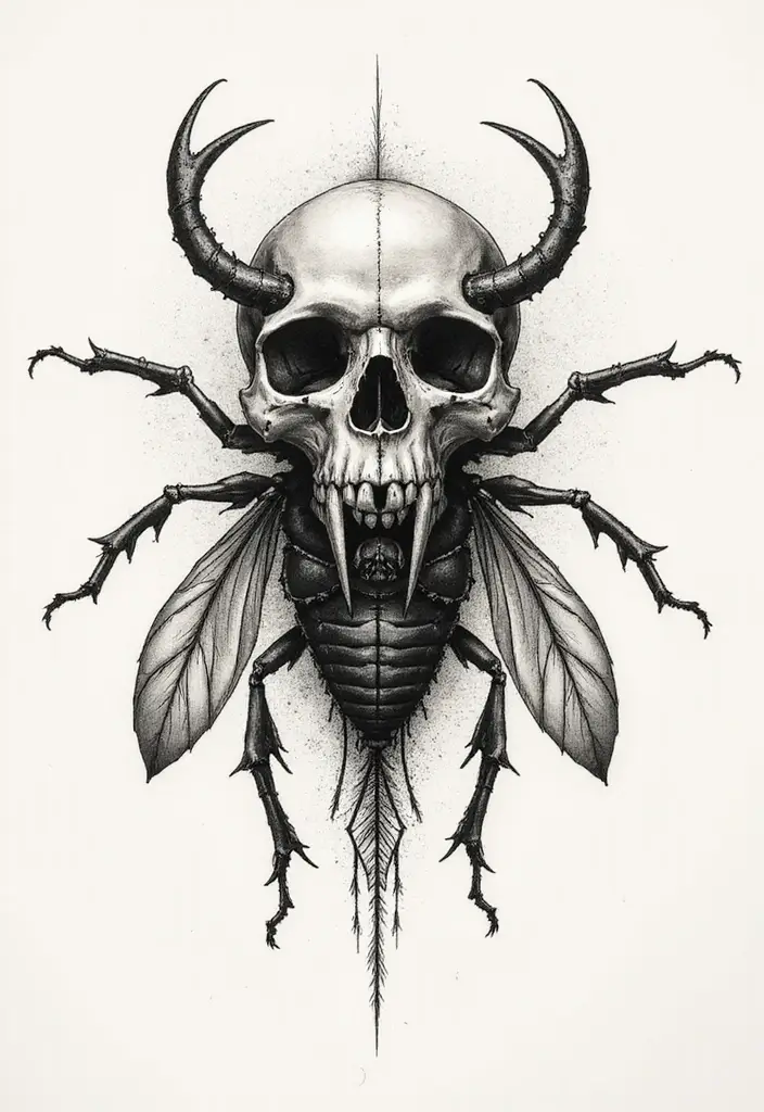 50 Bug Pin Tattoo Designs That Are Unique and Creative - 12. Insect Skull Hybrid