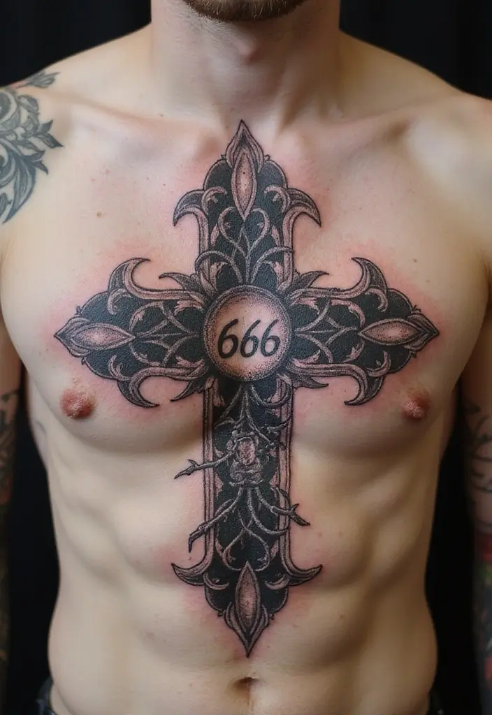 30 Unique 666 Tattoo Designs and Their Dark Meanings 12 30 Unique 666 Tattoo Designs and Their Dark Meanings - 12. Gothic Cross with 666