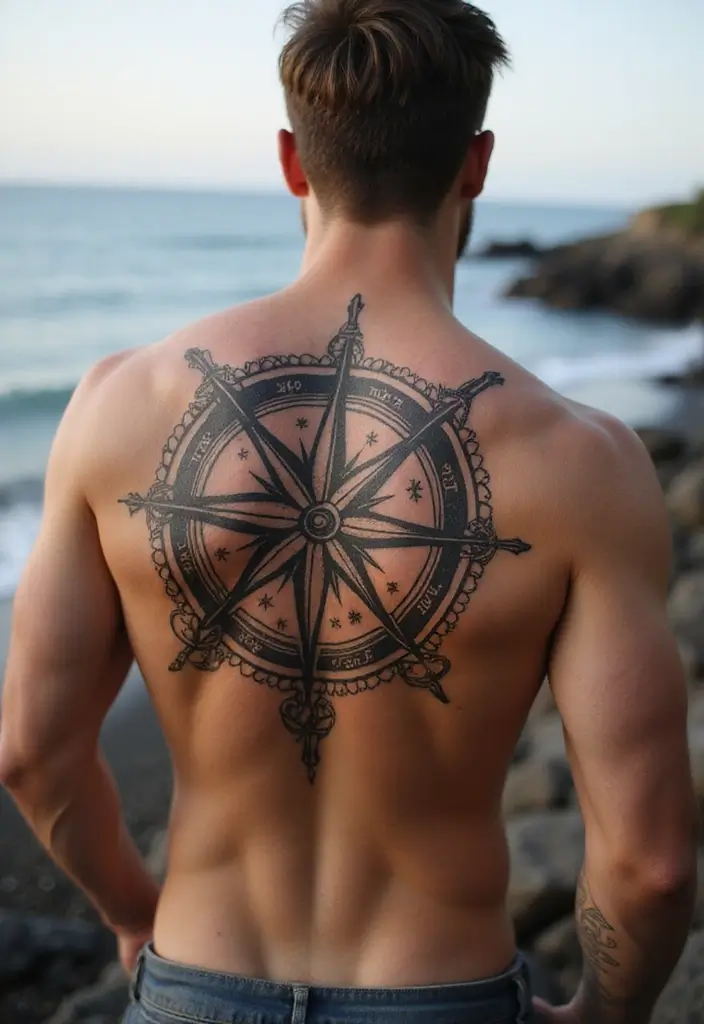 30 Back Tattoo Ideas for Men with Bold and Powerful Designs 12 30 Back Tattoo Ideas for Men with Bold and Powerful Designs - 12. Compass Tattoo