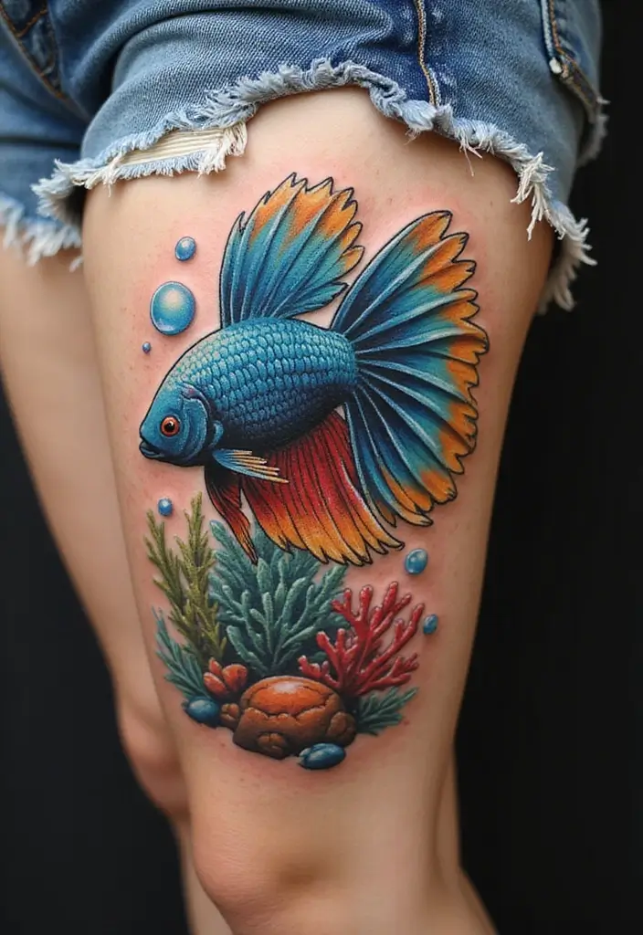 50 Betta Fish Tattoo Ideas with Unique and Colorful Designs 12 50 Betta Fish Tattoo Ideas with Unique and Colorful Designs - 12. Betta Fish with Underwater Elements