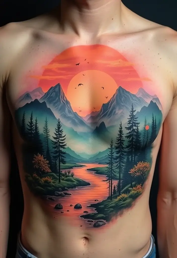 50 Best Chest Tattoo Ideas for Men and Women in 2025 12 50 Best Chest Tattoo Ideas for Men and Women in 2025 - 12. Nature Scenes