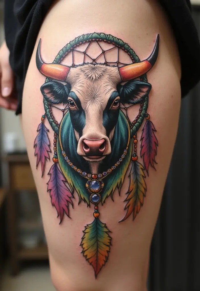 50 Cow Tattoo Designs with Fun and Unique Symbolism - 12. Cow with Dreamcatcher