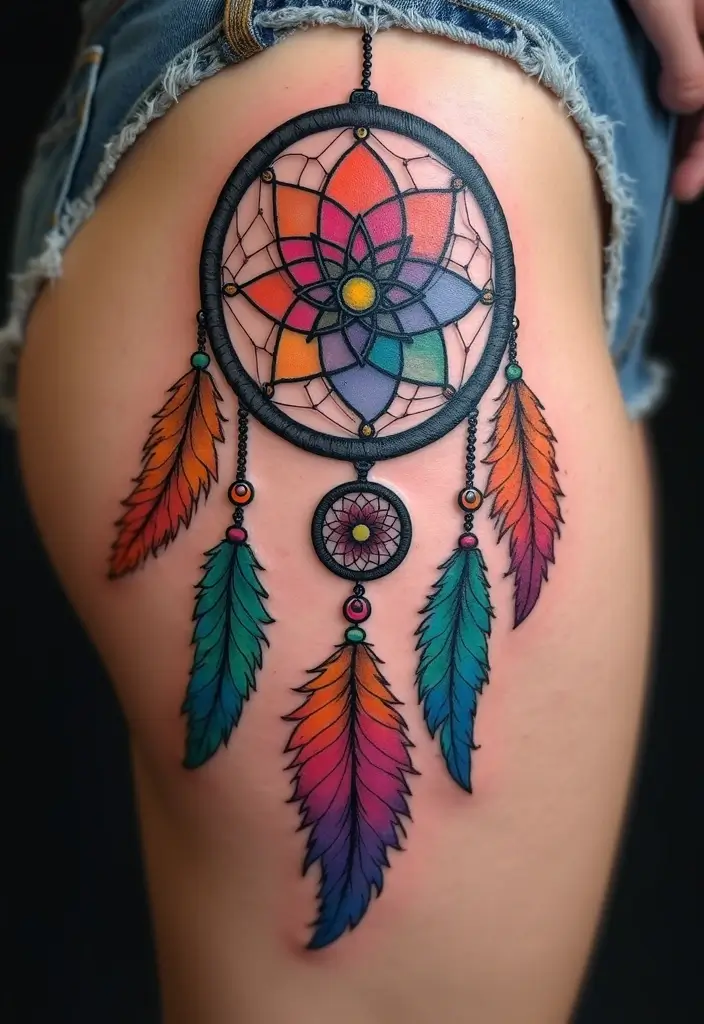 50 Dreamcatcher Tattoo Ideas with Cultural Symbolism 12 50 Dreamcatcher Tattoo Ideas with Cultural Symbolism - 12. Colorful Dreamcatcher with Feathers