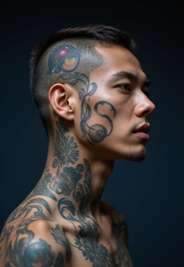 30 Head Tattoos for Men with Unique and Creative Styles 12 30 Head Tattoos for Men with Unique and Creative Styles - 12. Cosmic Patterns