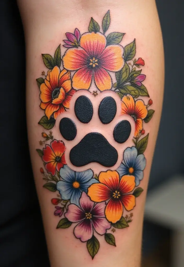 30 Loyalty Over Love Tattoos and Their Symbolism - 12. Flower with Paw Print