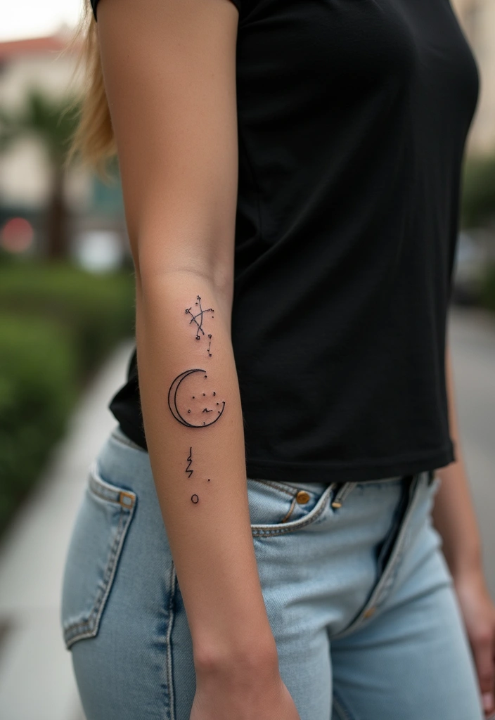 30 Moon Phase Tattoo Ideas with Symbolism and Elegant Designs 12 30 Moon Phase Tattoo Ideas with Symbolism and Elegant Designs - 12. Minimalist Moon with Constellations