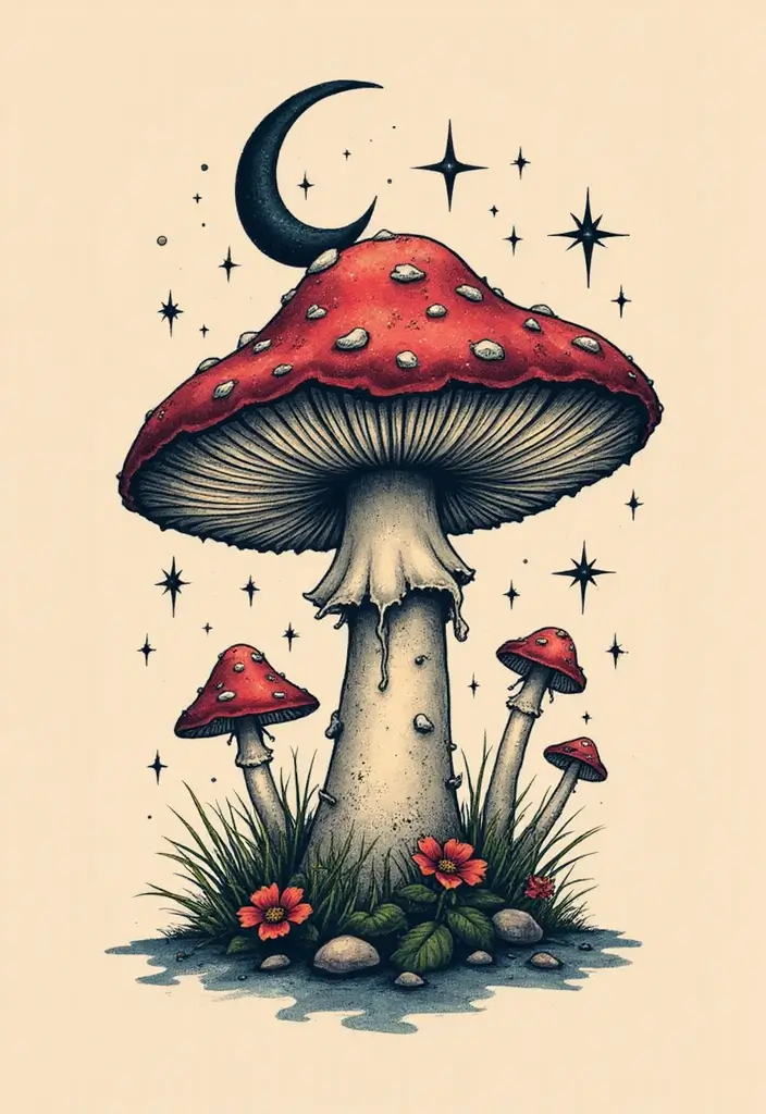 50 Unique Mushroom Tattoo Ideas That'll Leave You Inspired and Curious About Their Symbolism! 12 50 Unique Mushroom Tattoo Ideas That'll Leave You Inspired and Curious About Their Symbolism! - 12. Mushroom with Celestial Elements