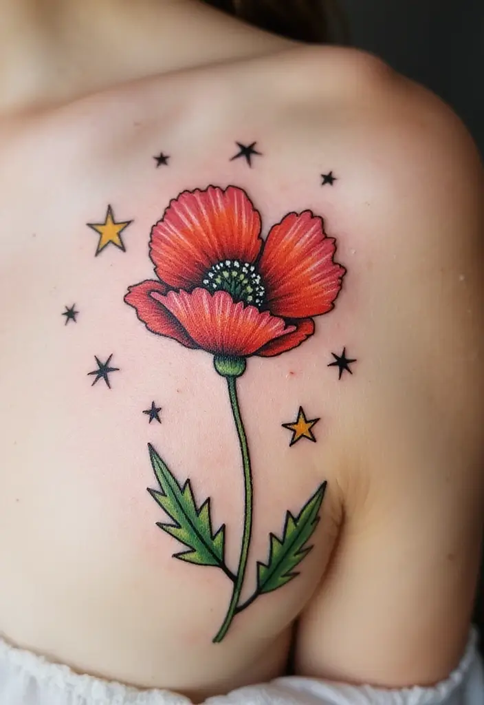 30 Poppy Tattoo Ideas with Symbolic Meanings 12 30 Poppy Tattoo Ideas with Symbolic Meanings - 12. Poppy with Stars