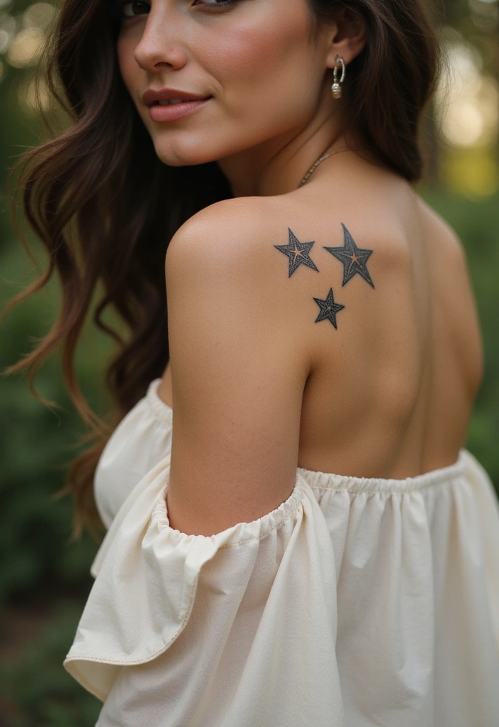 30 Shoulder Star Tattoos with Creative and Stylish Designs 12 30 Shoulder Star Tattoos with Creative and Stylish Designs - 12. Double Star Design