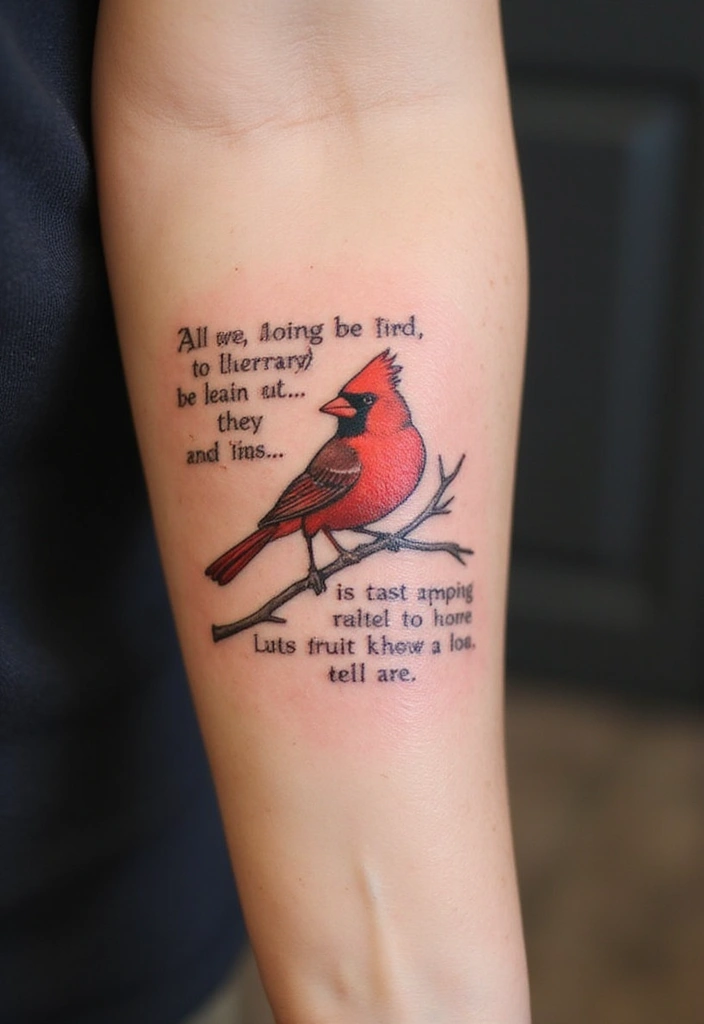 30 Small Cardinal Tattoos for Unique Inspiration 12 30 Small Cardinal Tattoos for Unique Inspiration - 12. Cardinal with an Inspirational Quote