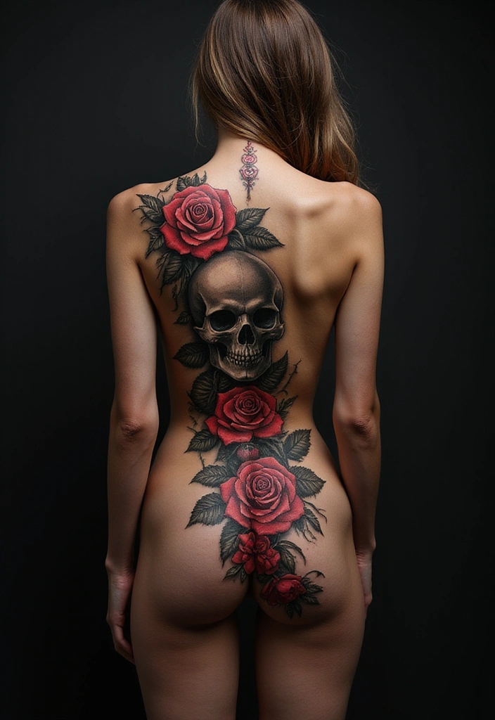 99 Stunning Spine Tattoos for Women to Inspire Your Next Ink - 12. Skulls and Roses