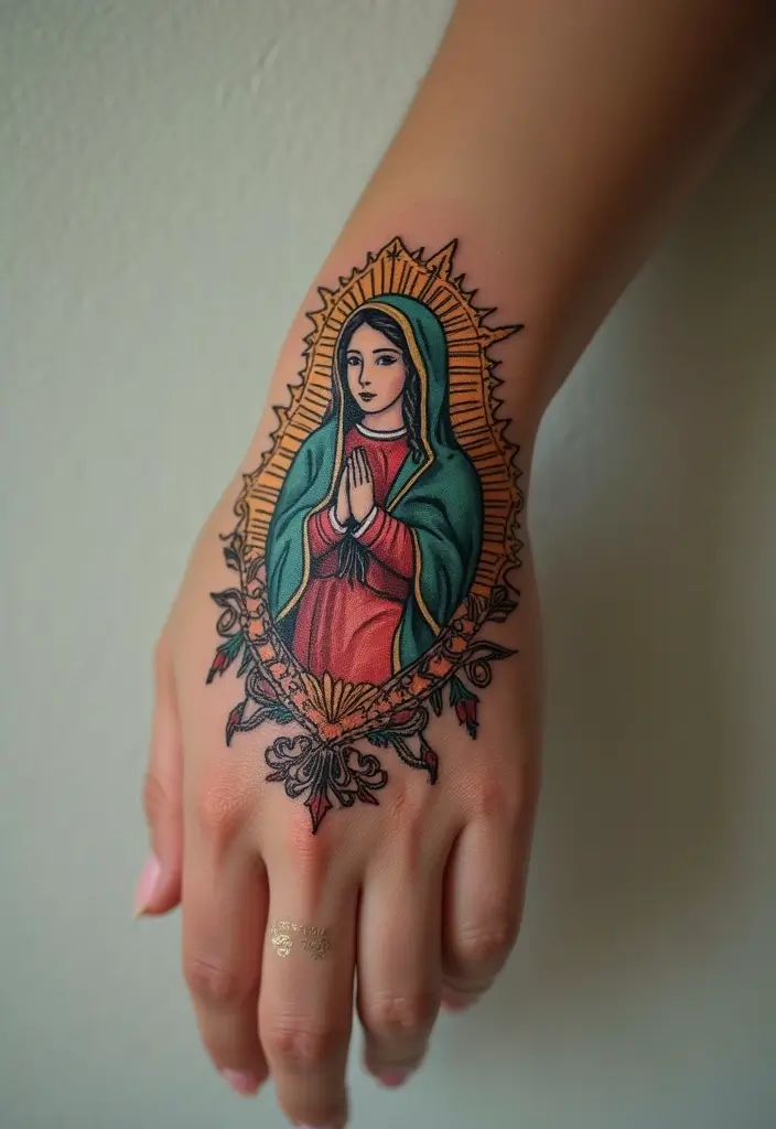50 Virgin Mary Hand Tattoos with Spiritual and Artistic Designs - 12. Ornate Virgin Mary with Halo