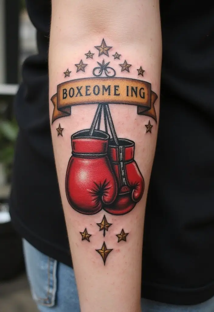 50 Boxing Gloves Tattoo Designs That Embody Strength and Courage! 13 50 Boxing Gloves Tattoo Designs That Embody Strength and Courage! - 13. Vintage Banner Design